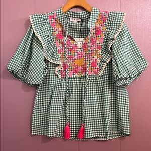 THML Green and Pink Gingham Blouse with Ruffled Sleeves